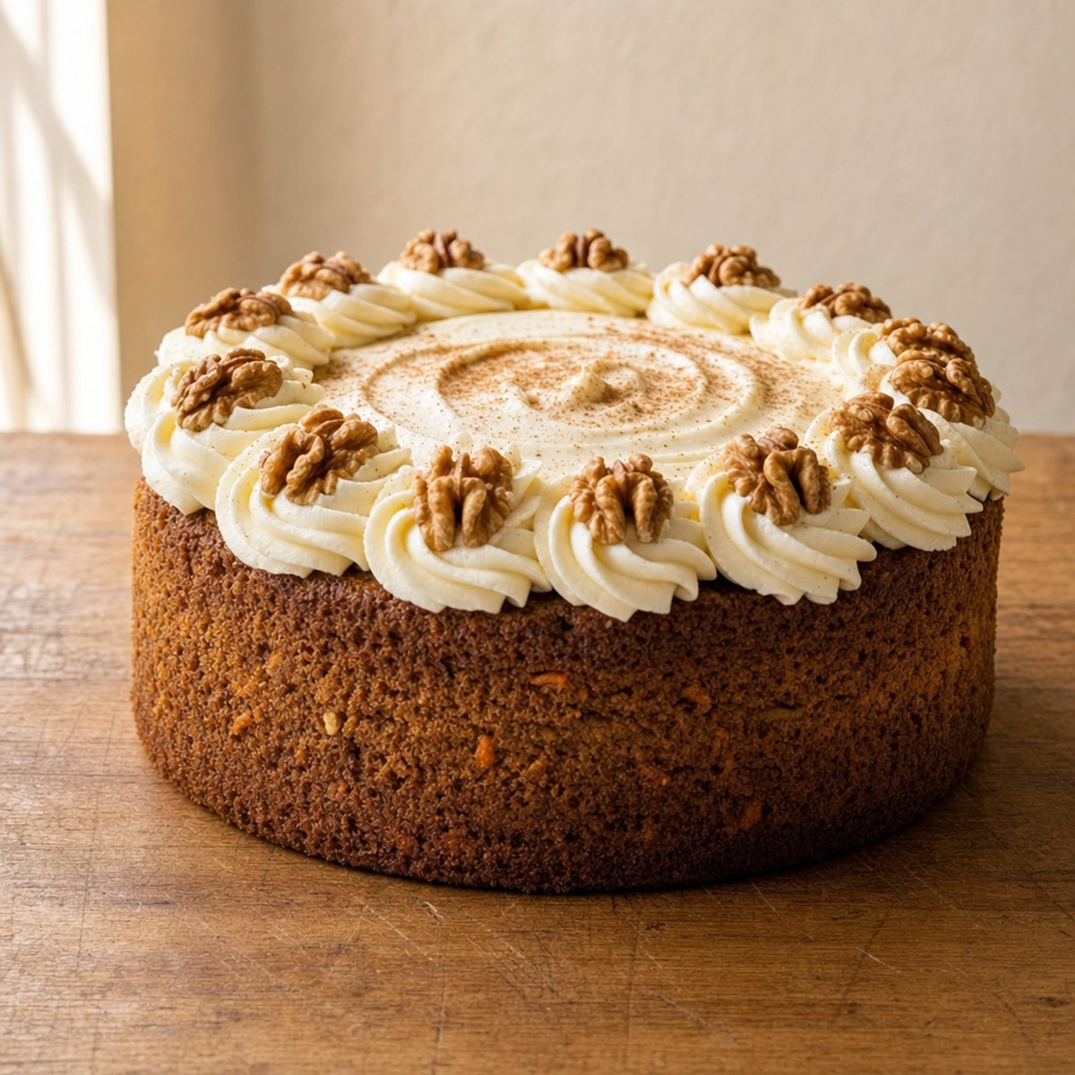 A carrot and walnut cake with cream cheese frosting and toasted walnut halves around the top edge