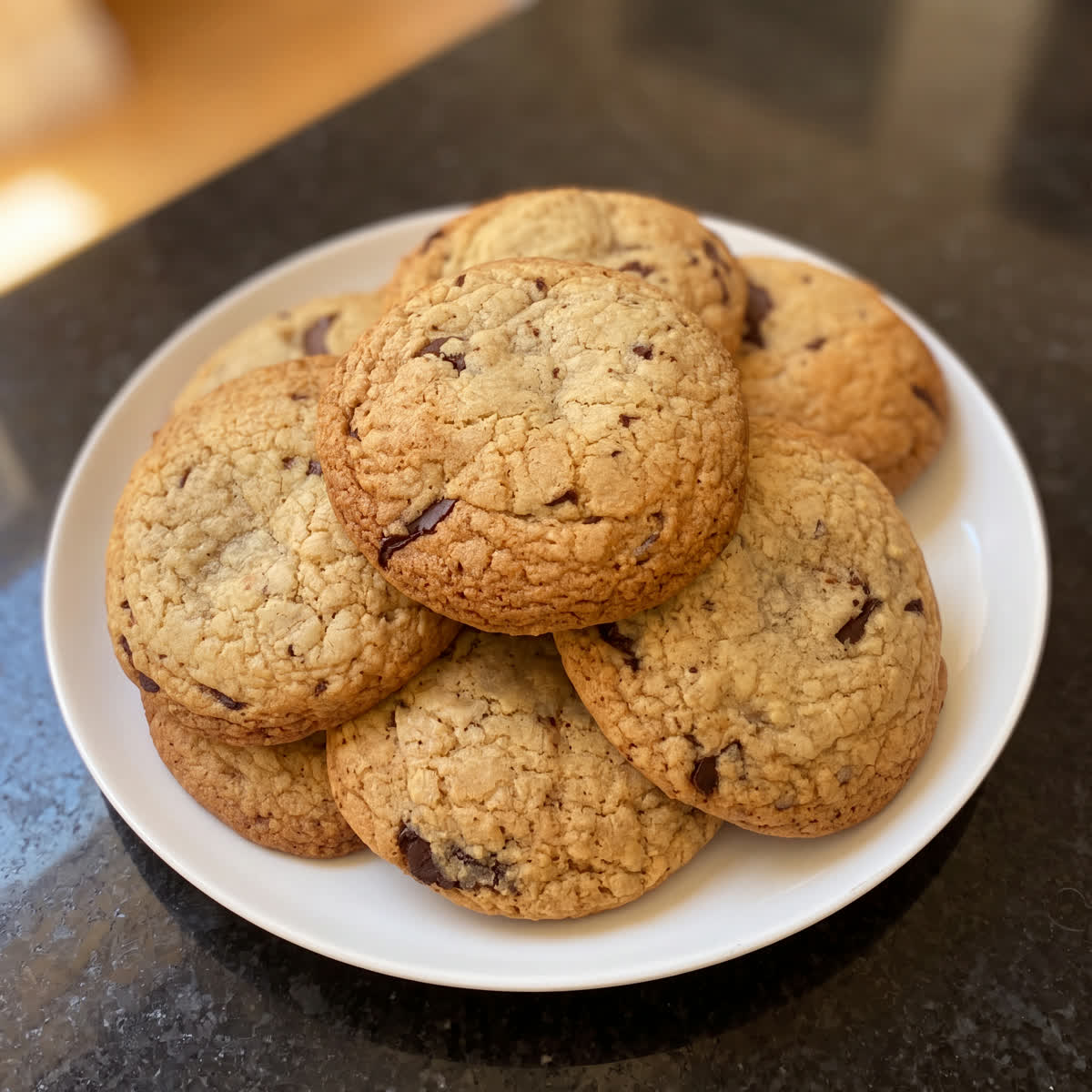Six thick, chewy chocolate chip cookies loaded with chocolate, baked fresh