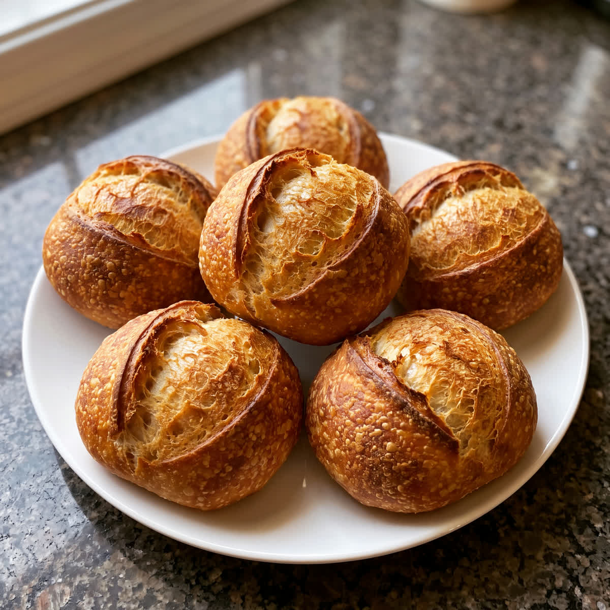 Six laminated croissant sourdough rolls, hand-shaped for sharing