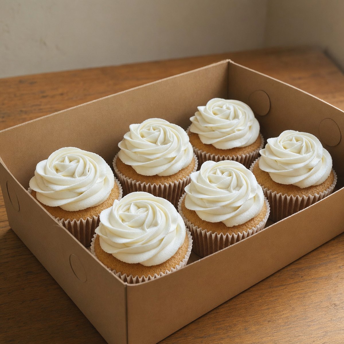 A box of six vanilla cupcakes, each with a tall hand piped swirl of white buttercream