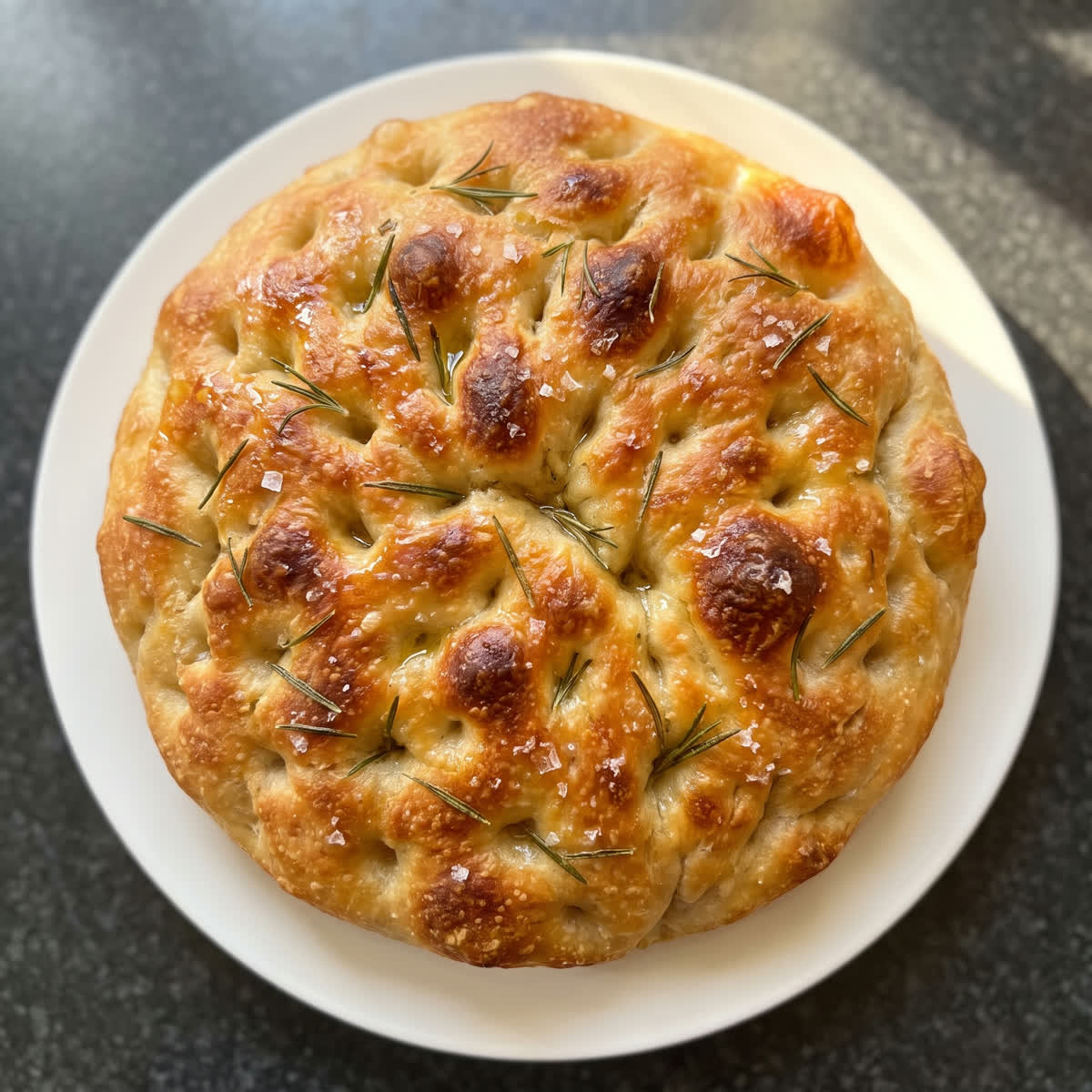 Dimpled focaccia rich with olive oil and topped with rosemary, baked fresh in Kent
