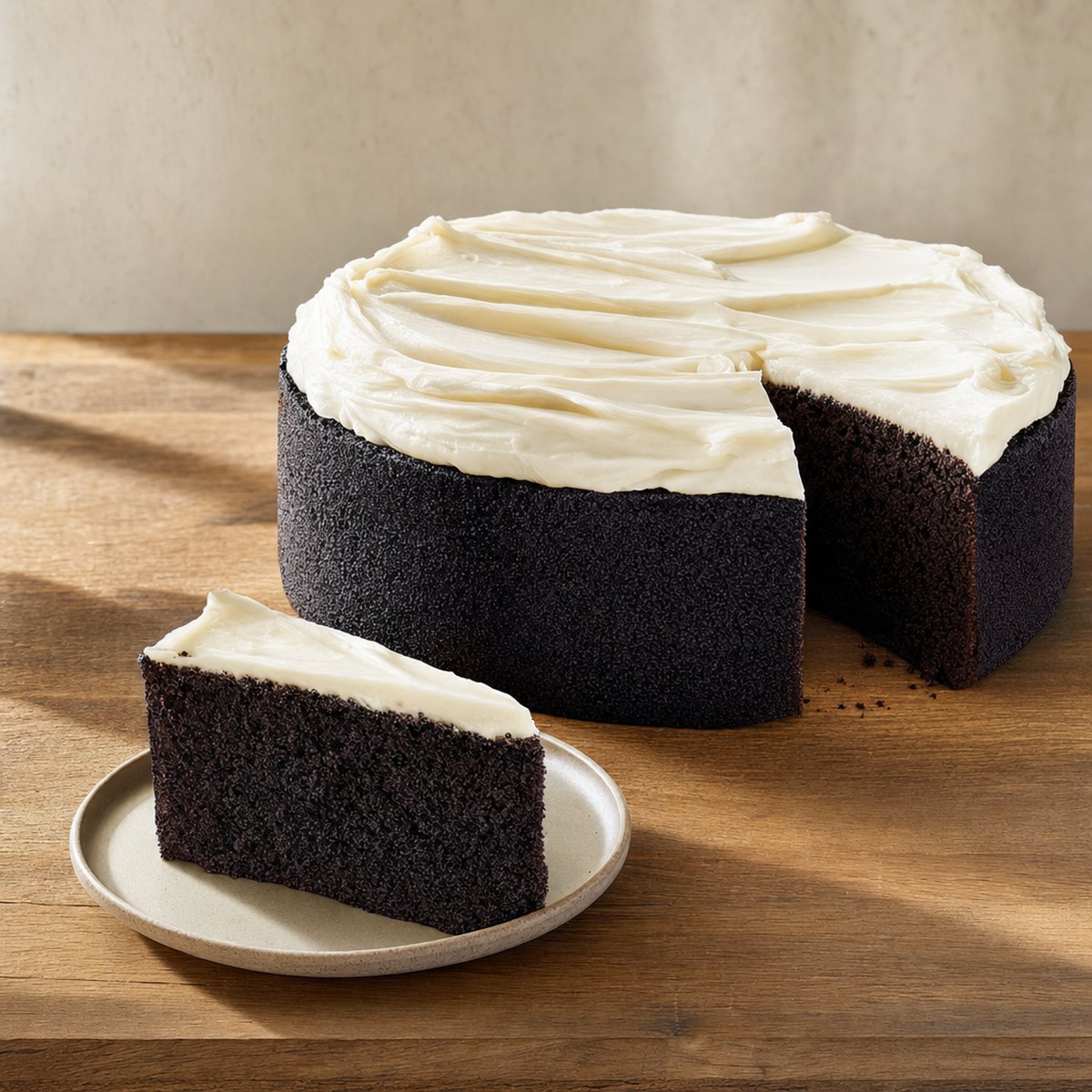 A Guinness chocolate cake with a very dark crumb under a thick white cream cheese top, one slice cut and plated