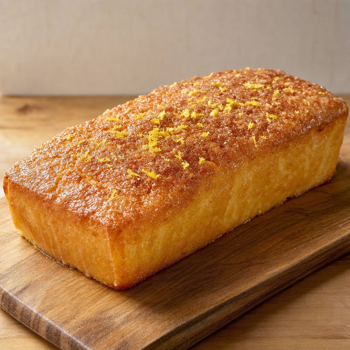 A lemon drizzle loaf cake with a crackled sugar crust, lemon syrup and fresh zest, on a wooden board